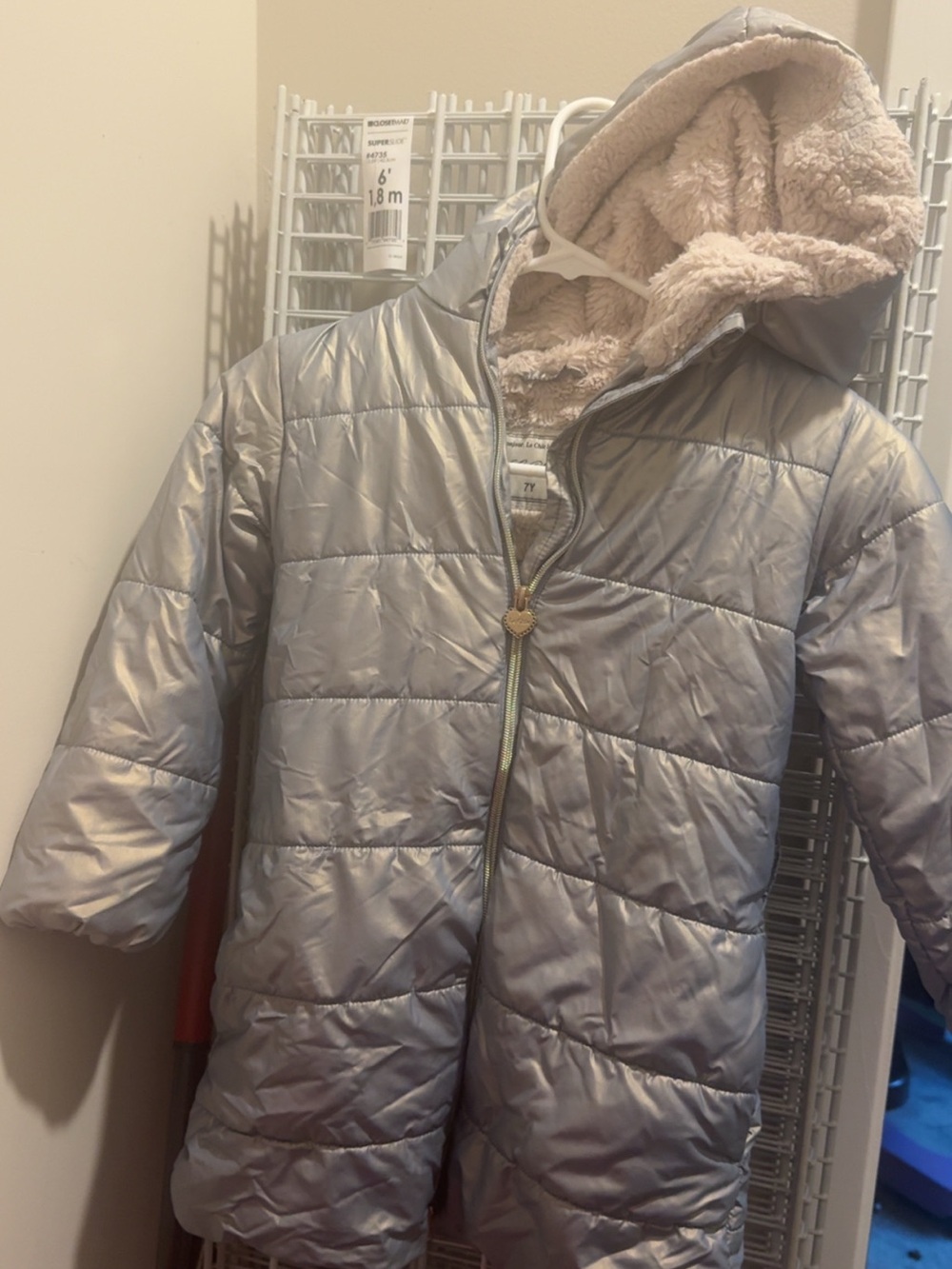 Kids Silver Puffer Jacket with Faux Shearling Hood